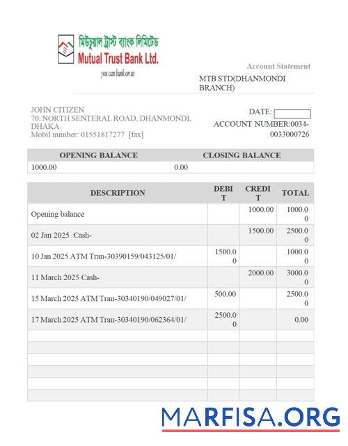 Printable Bangladesh Mutual Trust bank account statement word sample